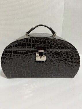 Croc-Embossed Large Jewelry Box Travel Case Leopard Print Interior Dark Brown